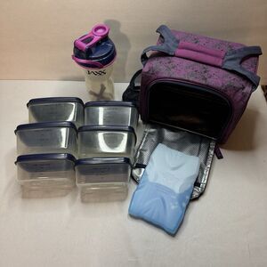 Jaxx  Meal Prep Bag w/ 6 Containers, Ice Pack & Bottle - Blue/Pink Fitness Set